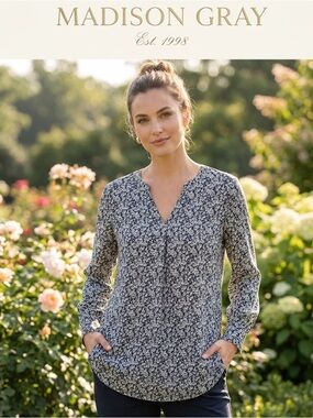 Madison Navy and White Floral Split-Neck Blouse